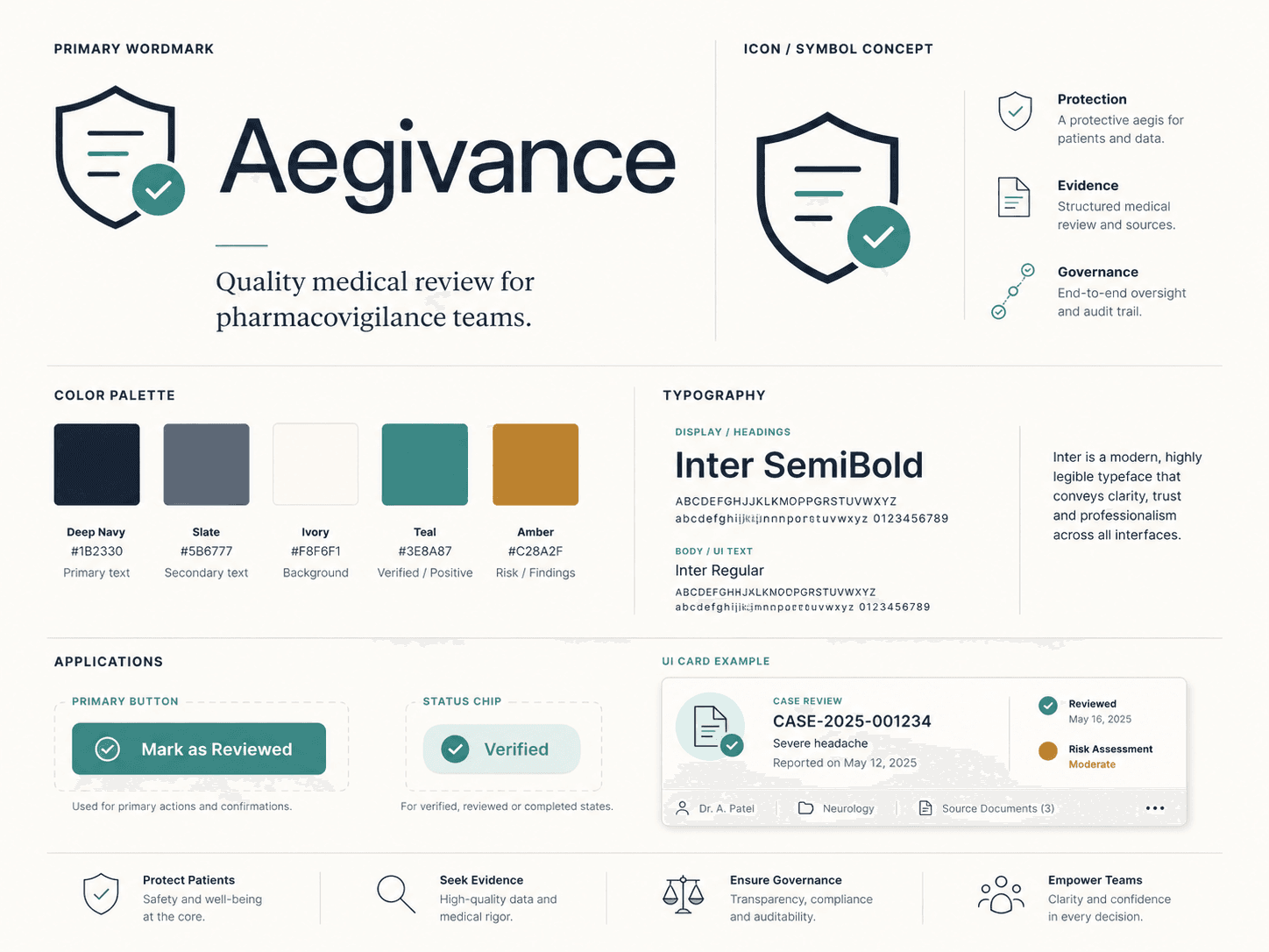Aegivance brand identity — wordmark, palette, typography, and product application examples